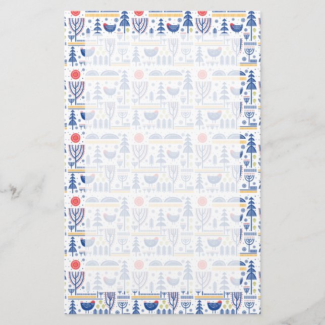 Folk Art Winter Bird Pattern Stationery (Front)