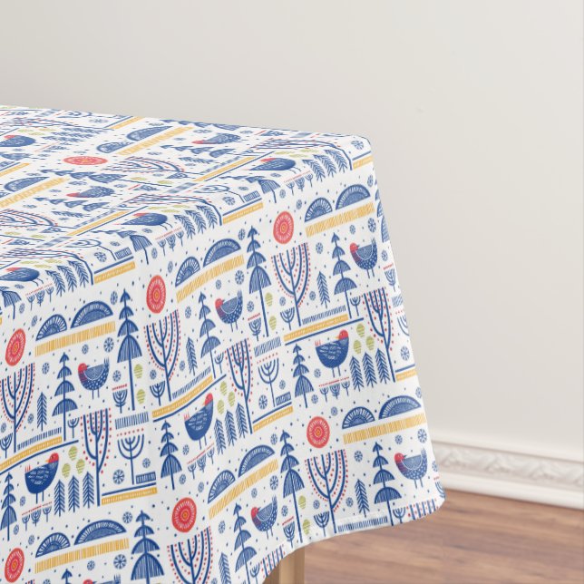Folk Art Winter Bird Pattern Tablecloth (In Situ)