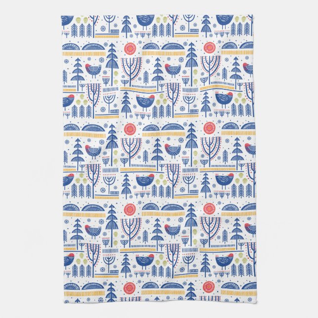 Folk Art Winter Bird Pattern Tea Towel (Vertical)