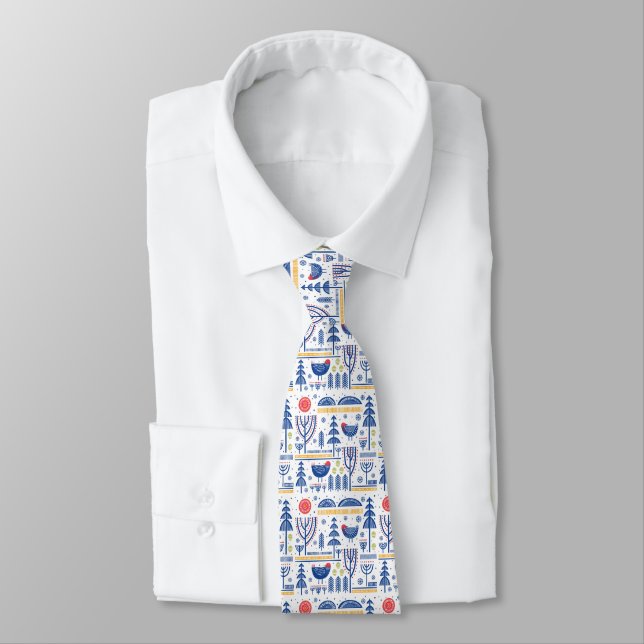 Folk Art Winter Bird Pattern Tie (Tied)