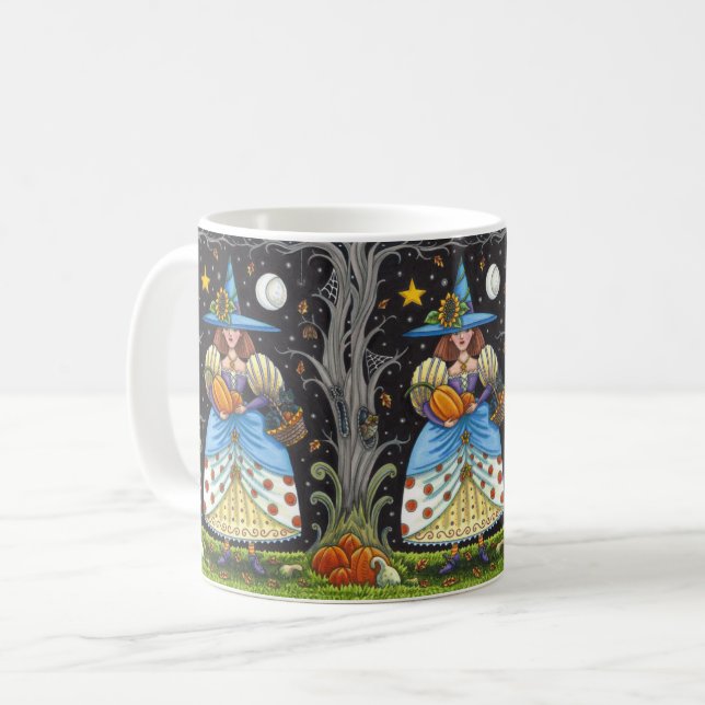 FOLK ART WITCH IN SPOOKY WOODS, BLACK CAT & OWL COFFEE MUG (Front Left)