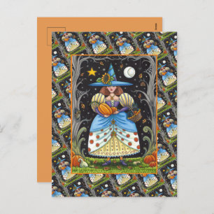 FOLK ART WITCH IN SPOOKY WOODS, BLACK CAT & OWL HOLIDAY POSTCARD