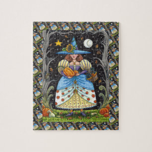 FOLK ART WITCH IN SPOOKY WOODS, BLACK CAT & OWL JIGSAW PUZZLE