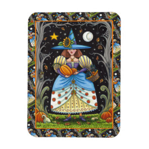 FOLK ART WITCH IN SPOOKY WOODS, BLACK CAT & OWL MAGNET