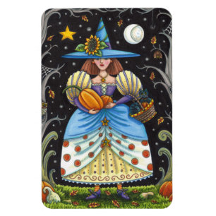 FOLK ART WITCH IN SPOOKY WOODS, BLACK CAT & OWL MAGNET