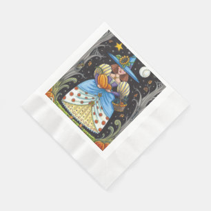 FOLK ART WITCH IN SPOOKY WOODS, BLACK CAT & OWL NAPKIN