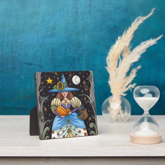 FOLK ART WITCH IN SPOOKY WOODS, BLACK CAT & OWL PLAQUE (Insitu)