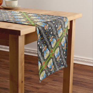 FOLK ART WITCH IN SPOOKY WOODS, BLACK CAT & OWL SHORT TABLE RUNNER