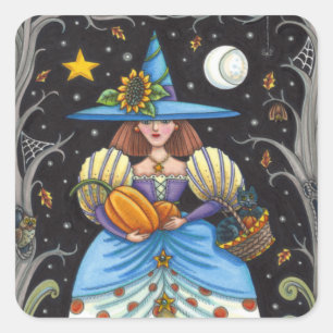 FOLK ART WITCH IN SPOOKY WOODS, BLACK CAT & OWL SQUARE STICKER
