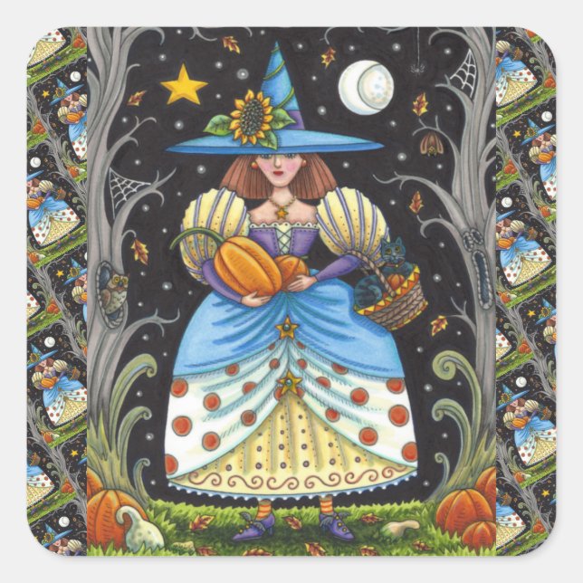 FOLK ART WITCH IN SPOOKY WOODS, BLACK CAT & OWL SQUARE STICKER (Front)