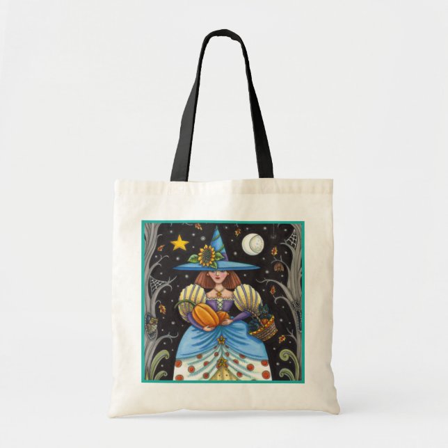 FOLK ART WITCH IN SPOOKY WOODS, BLACK CAT & OWL TOTE BAG (Front)