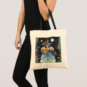 FOLK ART WITCH IN SPOOKY WOODS, BLACK CAT & OWL TOTE BAG