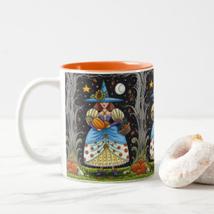 FOLK ART WITCH IN SPOOKY WOODS, BLACK CAT & OWL Two-Tone COFFEE MUG
