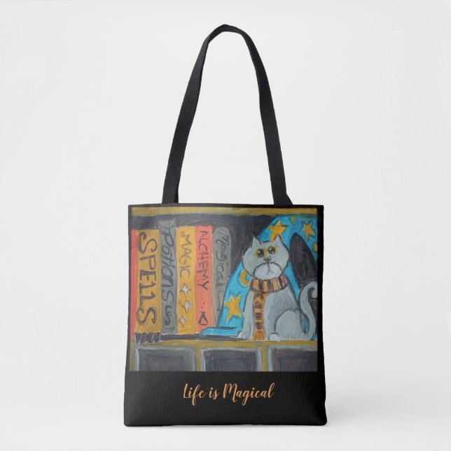 Folk Art Wizard Cat Magic Fun Scholar Tote Bag (Front)