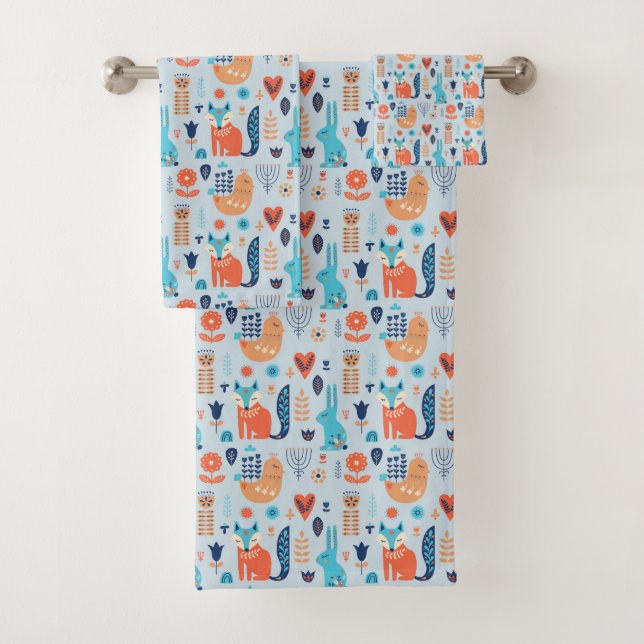 Folk Art Woodland Animal Pattern Bath Towel Set (Insitu)