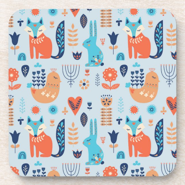 Folk Art Woodland Animal Pattern Coaster (Front)