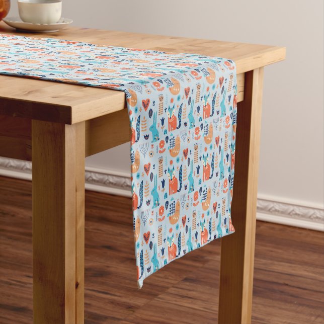Folk Art Woodland Animal Pattern Short Table Runner (In Situ)