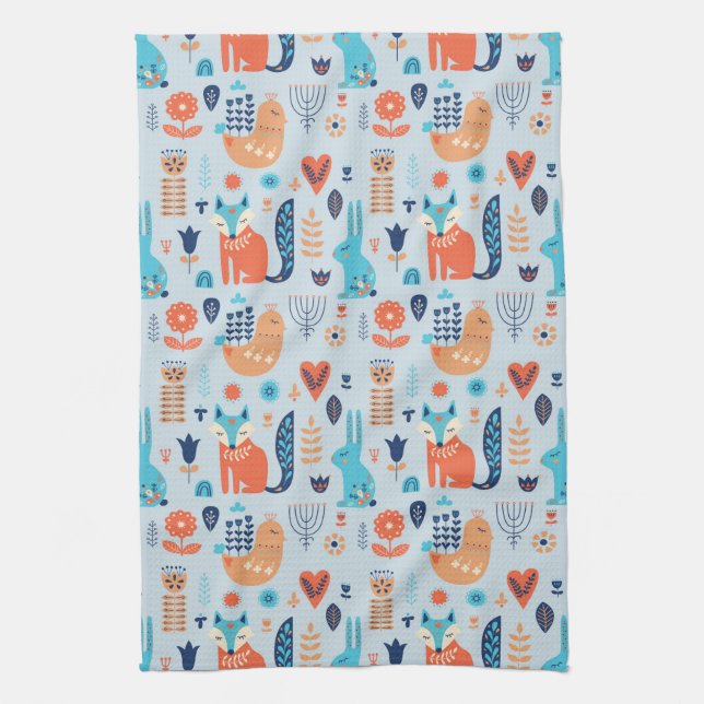 Folk Art Woodland Animal Pattern Tea Towel (Vertical)