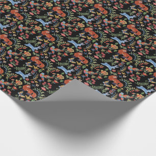 Folk Art Woodland Animals, Floral Black Fox Rabbit Wrapping Paper