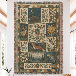 Folk Art Woodland Quilt Woven Throw Blanket
