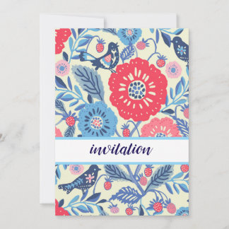 Folk Bird And Strawberry Design Invitation