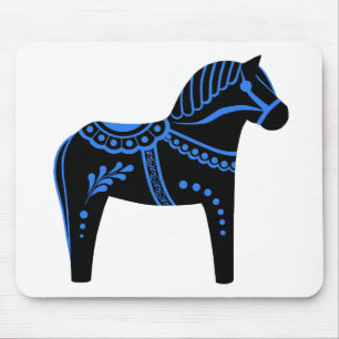 Folk black/blue Dala horse, Folk Friesian Mouse Pad