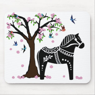 Folk black/white Dala horse, Folk Bird/flower Mouse Pad
