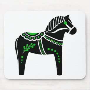 Folk black/white/green Dala horse, Folk Friesian Mouse Pad