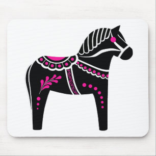 Folk black/white/pink Dala horse, Folk Friesian Mouse Pad