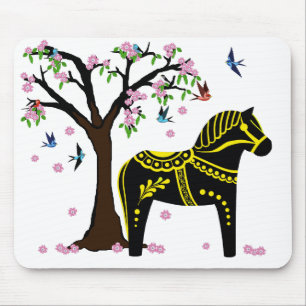 Folk black/yellow Dala horse, Folk Bird/flower Mouse Pad
