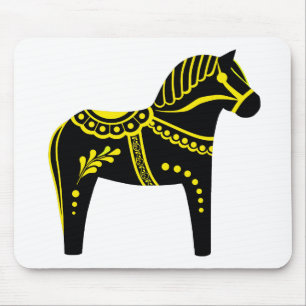 Folk black/yellow/gold Dala horse, Folk Friesian Mouse Pad