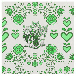 Folk cat/flowers/heart calico cats, green prints 4 fabric