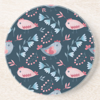 Folk Chickens: Watercolor Seamless Pattern. Coaster