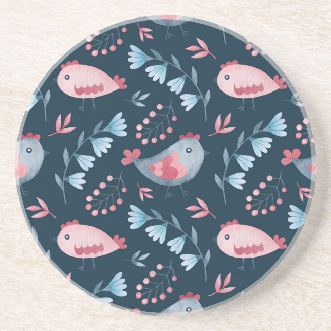 Folk Chickens: Watercolor Seamless Pattern. Coaster (Front)