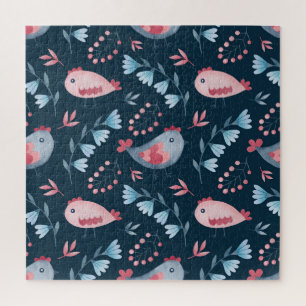 Folk Chickens: Watercolor Seamless Pattern. Jigsaw Puzzle