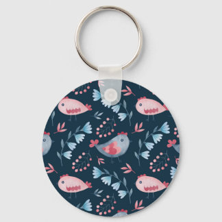 Folk Chickens: Watercolor Seamless Pattern. Key Ring