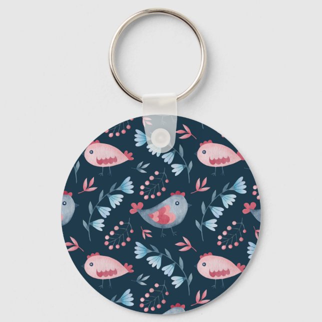 Folk Chickens: Watercolor Seamless Pattern. Key Ring (Front)