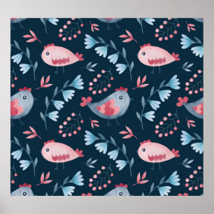 Folk Chickens: Watercolor Seamless Pattern. Poster