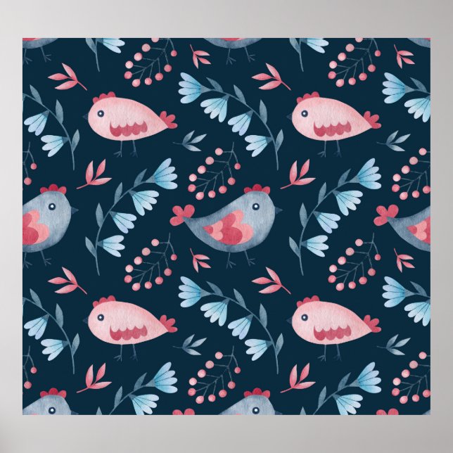 Folk Chickens: Watercolor Seamless Pattern. Poster (Front)
