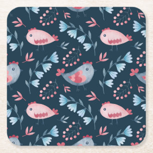 Folk Chickens: Watercolor Seamless Pattern. Square Paper Coaster