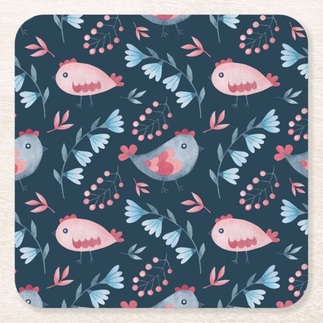 Folk Chickens: Watercolor Seamless Pattern. Square Paper Coaster (Front)