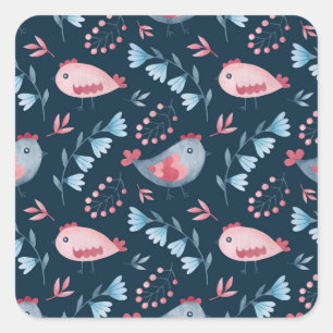 Folk Chickens: Watercolor Seamless Pattern. Square Sticker