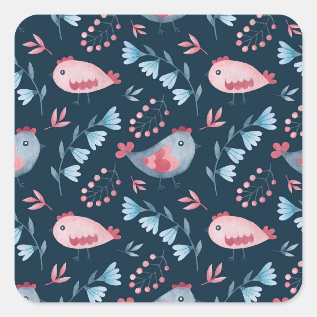 Folk Chickens: Watercolor Seamless Pattern. Square Sticker (Front)