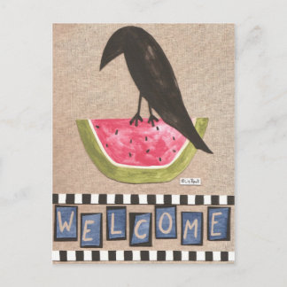 Folk Crow on Watermelon Postcard