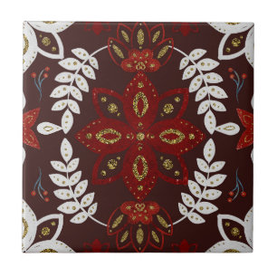 Folk Deep Red Nordic Art Ceramic Tile