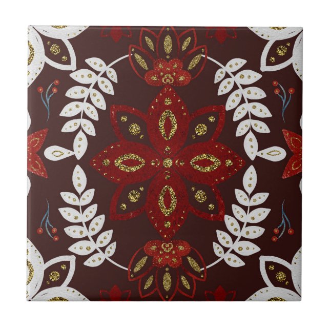 Folk Deep Red Nordic Art Ceramic Tile (Front)