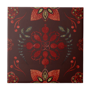 Folk Deep Red Nordic Art Ceramic Tile