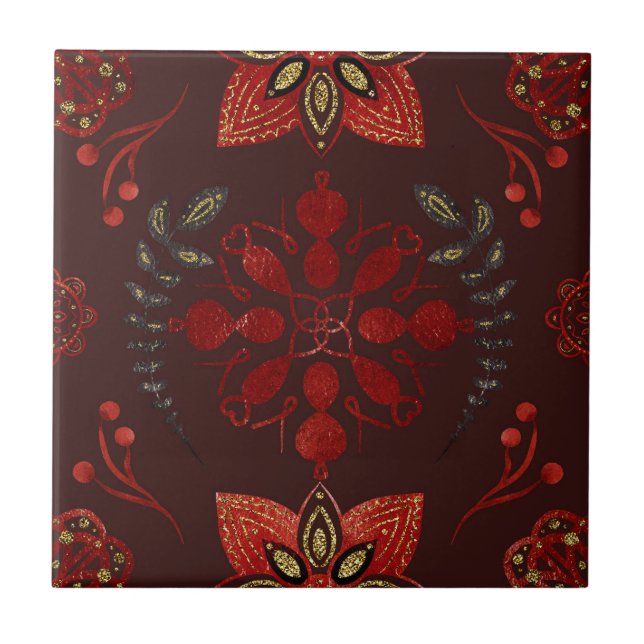 Folk Deep Red Nordic Art Ceramic Tile (Front)