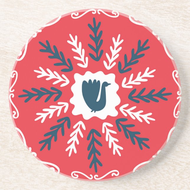 Folk Doodle Art Christmas Tile Coaster (Front)