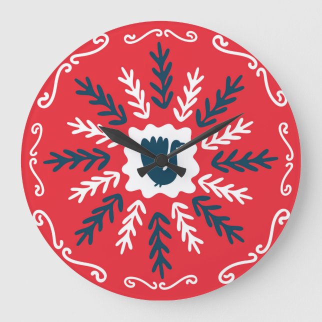 Folk Doodle Art Christmas Tile Large Clock (Front)